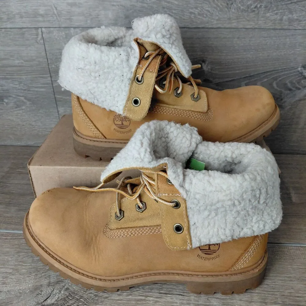 Timberland Teddy Fleece Fold Down Boots Women 7.5 Brown Leather Waterproof 8329R